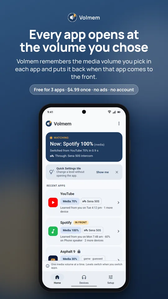 Volmem storyboard: the Home screen showing Spotify in front at 100% and recent apps with their remembered levels