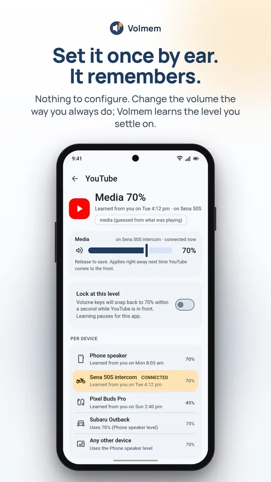 Storyboard: Set it once by ear, it remembers. The YouTube detail screen with the learned media level