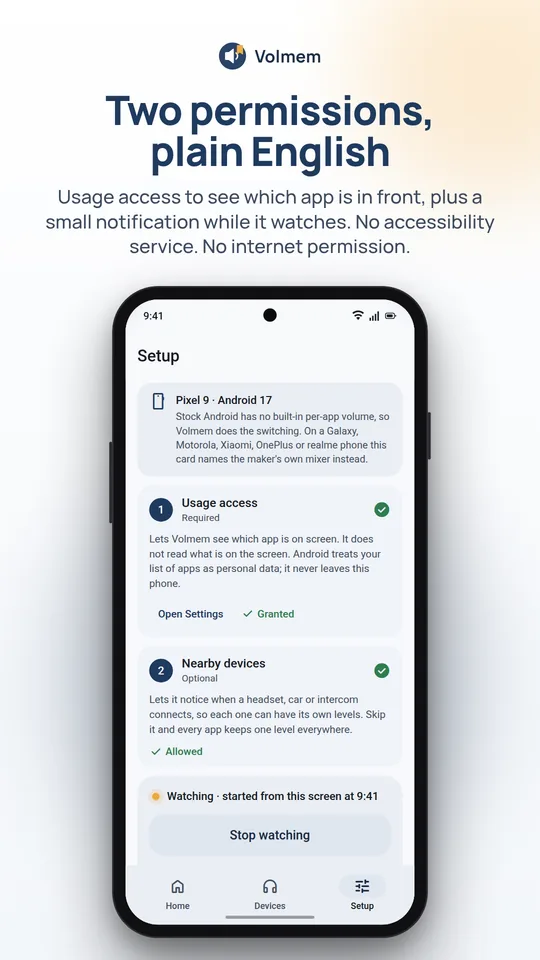 Storyboard: Two permissions, plain English. The Setup screen with Usage access and Nearby devices