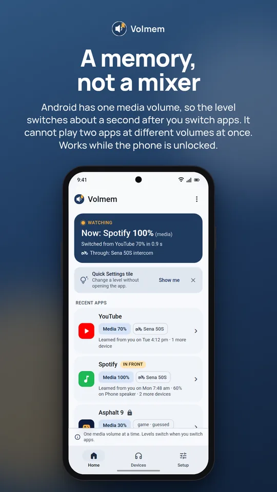 Storyboard: A memory, not a mixer. Android has one media volume, so the level switches about a second after you switch apps